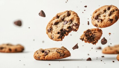 Chocolate chip cookies in mid-air