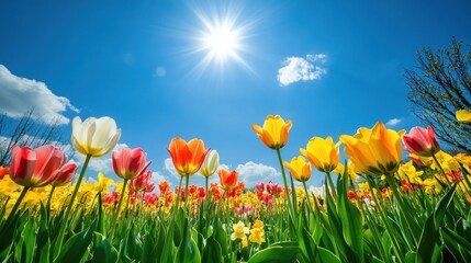 Fototapeta premium A vibrant field of blooming tulips under a bright blue sky with the sun shining.