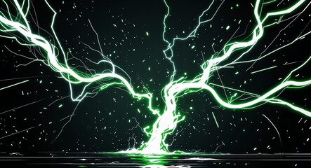 Abstract white green lightning sparks anime on plain dark black background illustration