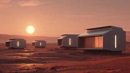 Human habitation structures on Mars at sunset