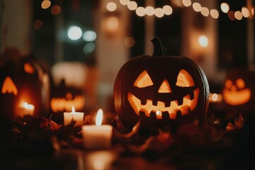 Halloween jack-o'-lanterns glow