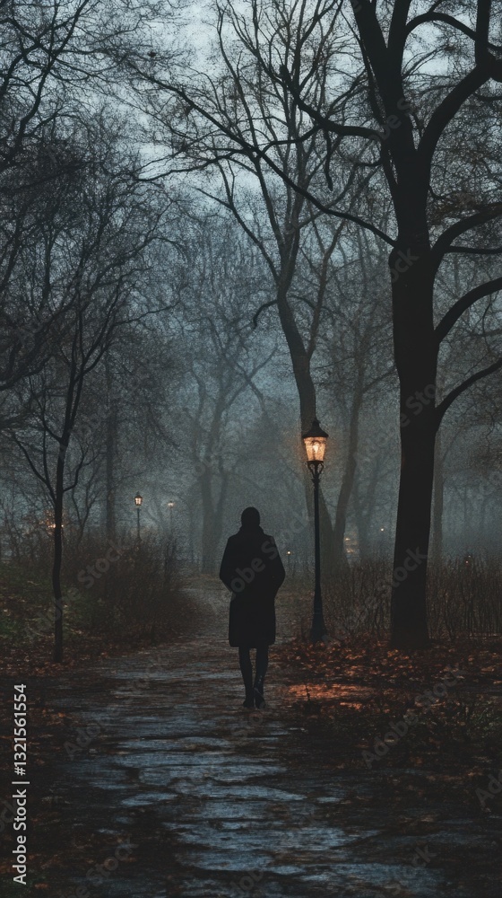 Poster A person walking down a path in the dark