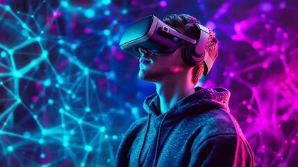 A man wearing a VR headset is looking at a colorful background