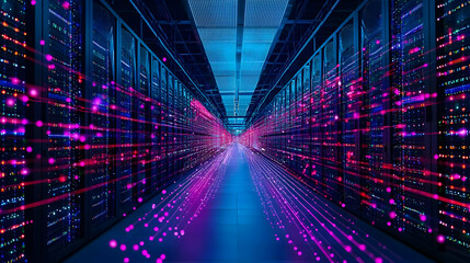Futuristic Data Center With Glowing Pink And Purple Data Streams And Modern Server Racks In A Dark Room With Blue Floor