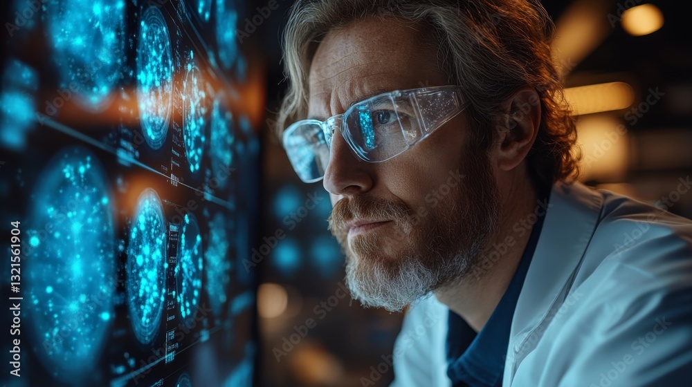 Aufkleber A scientist in a lab examines quantum simulations displaying qubits, entanglement, and superposition on a digital screen. The environment is high-tech and focused on quantum physics research.