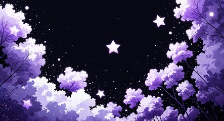 Abstract white purple star clusters anime on plain dark black background illustration