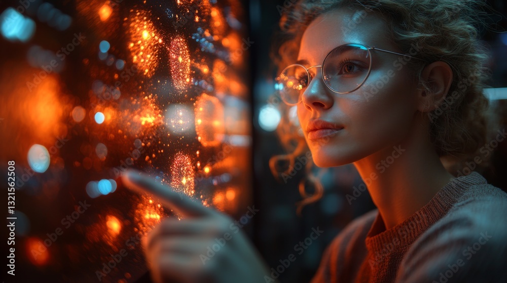 Poster A person engages with a digital display featuring vibrant representations of quantum phenomena like qubits, superposition, and entanglement concepts in a scientific setting.