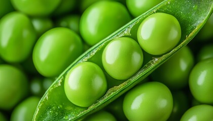 Green peas spilling out of an open pod, their round and glossy surface reflecting light, showcasing the natural beauty and freshness of this garden vegetable.
