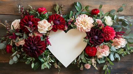 Colorful flower arrangement with heart-shaped space for text displayed on rustic wooden background