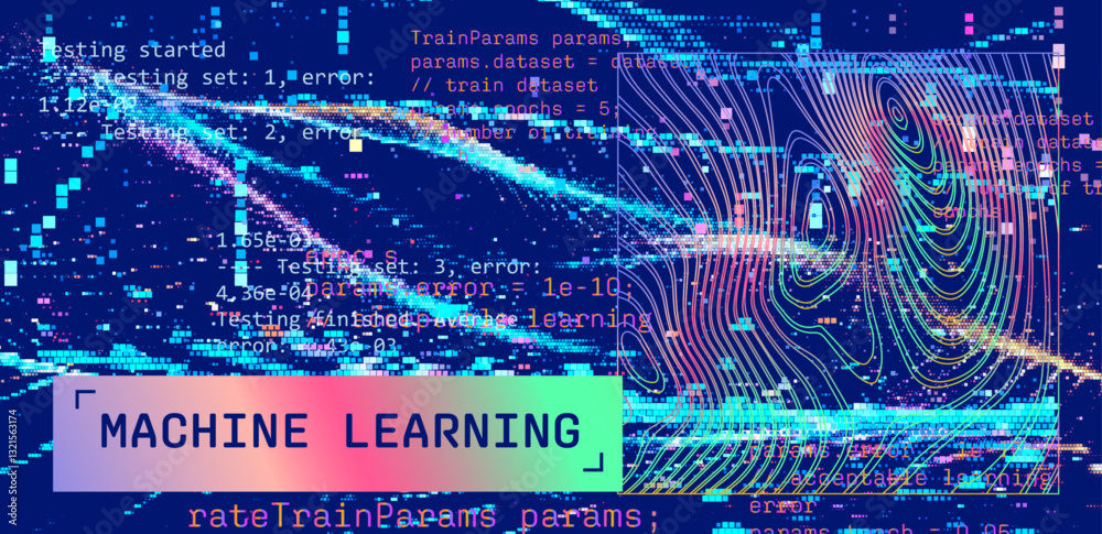 Aufkleber Complex digital illustration depicting machine learning concepts with programming code and abstract holographic shapes. The background is filled with vibrant colors and pixelated patterns.