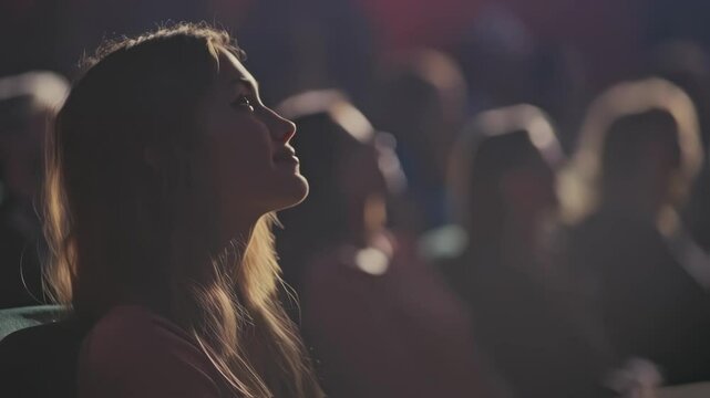 Young woman with long hair, sitting amid packed theatre seating, gazing upward with captivating engagement during immersive live performance or cultural event