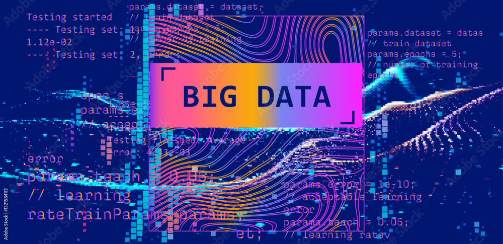 Aufkleber Complex digital illustration depicting machine learning concepts with programming code and abstract holographic shapes. The background is filled with vibrant colors and pixelated patterns.