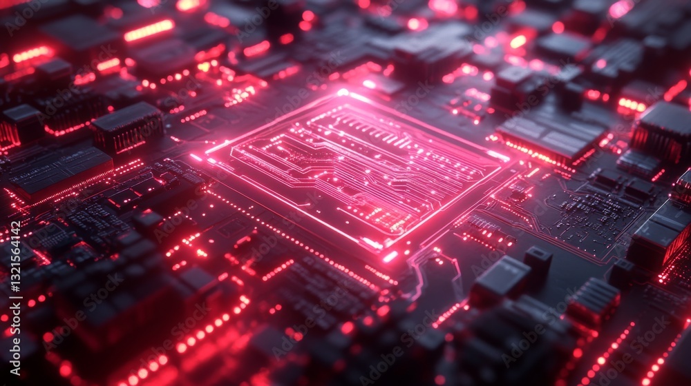 Leinwandbilder Futuristic circuitry is illuminated with red lights, showcasing intricate designs and components that symbolize advancements in quantum computing and its effects on data processing techniques.