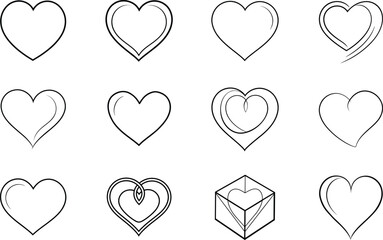 Twelve Simple Line Art Heart Designs, Romantic Symbols, Love Icons