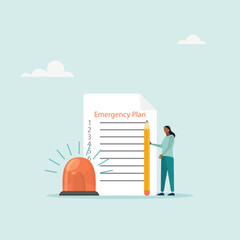 Emergency action plan, character holding pencil standing next to siren and paper with list of action plans. Vector illustration.	