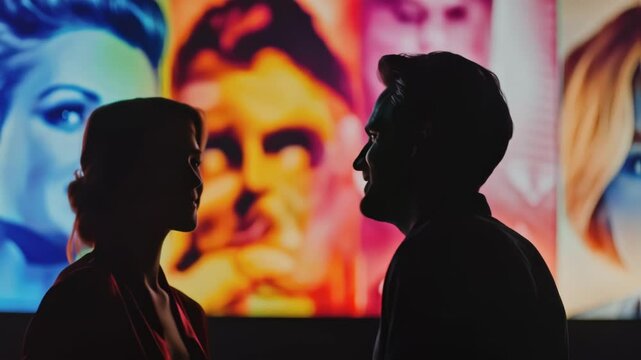 Silhouette profiles of two actors, a man and a woman, rehearsing lines from a play or movie script, their faces illuminated by a large, vibrant, colorful backdrop featuring stylized portraits