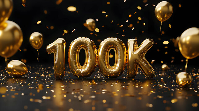 Celebrating a milestone of 100,000 with golden balloons and confetti in a festive atmosphere