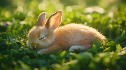Fototapeta premium Cute fluffy rabbit sleeping peacefully on lush green grass in a serene natural setting
