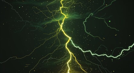 Abstract yellow green lightning sparks anime on plain dark black background illustration