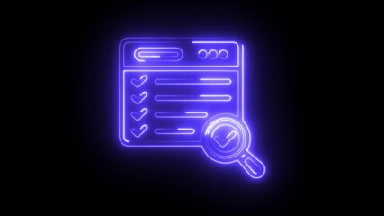 Glowing neon audit icon isolated on black background. HD Video motion graphic animation