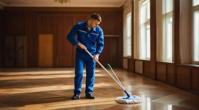 Cleaning person mops the floor using steady strokes.