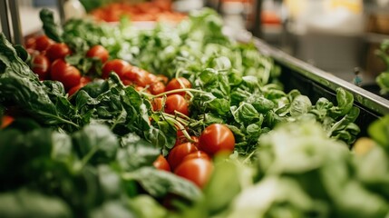 Fresh produce display, vibrant tomatoes and greens