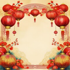 beautiful border frame painting of red and golden chinese lanterns with copy space background