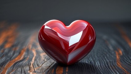 Fototapeta premium A Glossy Red Heart Object Rests Upon a Dark Wooden Surface