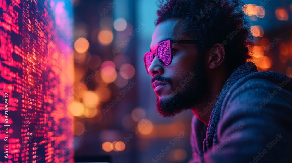 Poster a person with curly hair and glasses contemplates quantum computing concepts illuminated by colorful