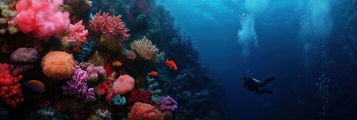 Fototapeta premium A diver explores a vibrant coral reef filled with colorful corals, fish, and marine life, showcasing the beauty and diversity of underwater ecosystems.