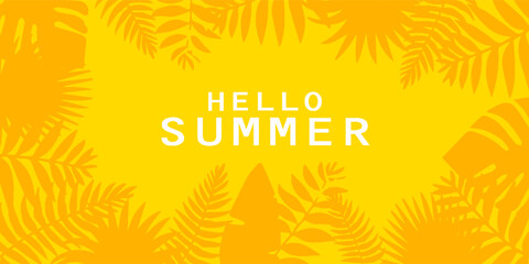 Summer Vacation Illustration with Tropical Palm Leaves and Flowers on Bright Yellow Background. Vector Summer Vacation Design Template for Banner, Flyer, Invitation, Brochure, Poster. vector