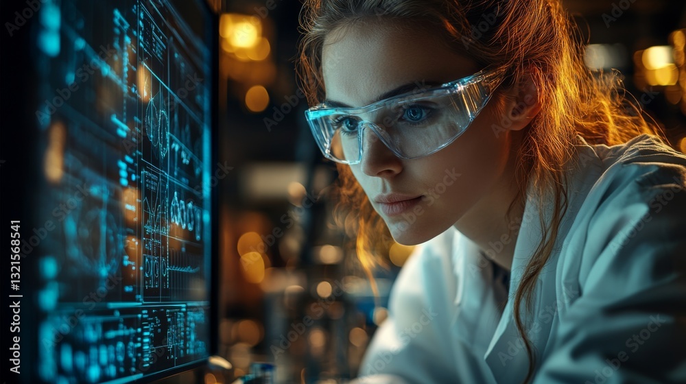 Poster A researcher deeply engaged in studying quantum mechanics, focusing on qubits and entanglement, while observing data on a computer screen in a state-of-the-art lab.