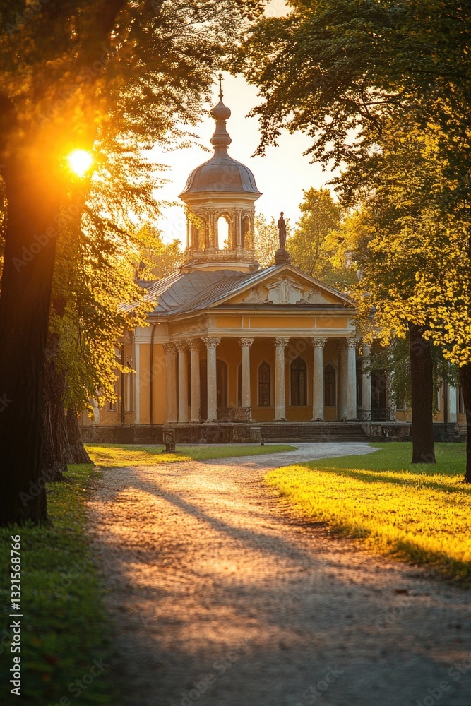 Poster A building with sunlight shining through the leaves of nearby trees, creating a warm and inviting atmosphere