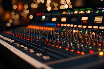 Recording setup for podcast with audio mixing console and warm ambient lights in a creative studio space