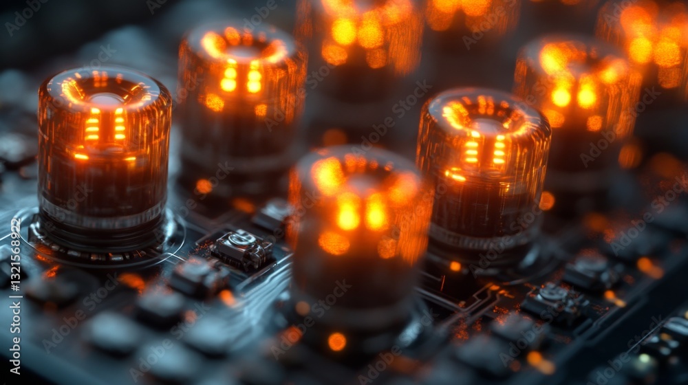 Poster Brightly illuminated qubit indicators showcase concepts of quantum computing such as superposition and entanglement, set against a detailed circuit background.