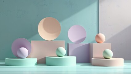 Pastel Colored Circles and Platforms on a Cyan Background.