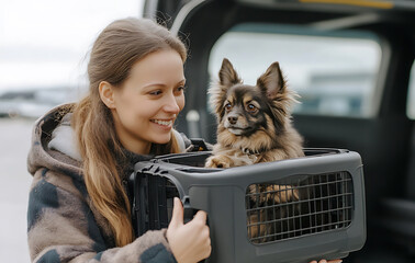 Woman smiles genuinely while assisting passenger with pet carrier at airport, radiating warmth and helpfulness as she offers kind gesture