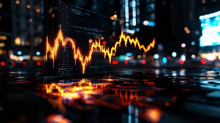Glowing orange stock market graph chart reflected on wet surface against blurred urban night cityscape with bokeh lights and digital display background.