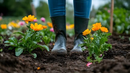 Gardening in spring blooms with vibrant flowers and a gardener tending to plants in a lush,A gardener stands among blooming flowers