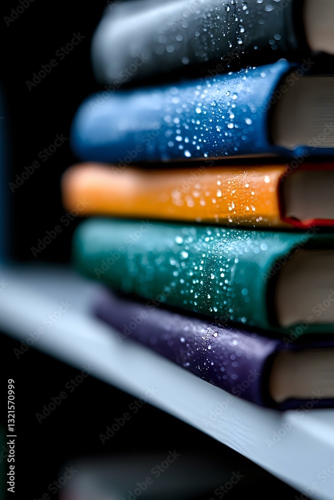 Poster stack of colorful books with magical sparkle effect on dark background, selective focus on book spin