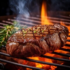 A juicy steak sizzles on the grill, with flames dancing in the background and a smoky aroma filling the air.