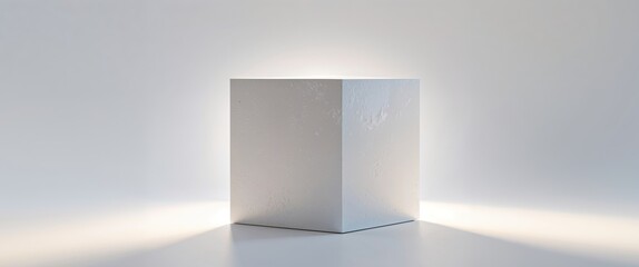 White cube bathed in light with textured surface stands still