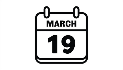 Calendar Date Icon. March 19 Planner Reminder. Event Schedule Vector.