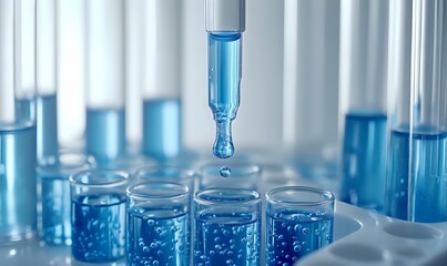 Laboratory test tubes with blue liquid and falling drop in research facility, scientific experiment setup showing precision liquid transfer in clinical setting.