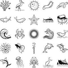 Ocean Life Marine Animals, Underwater Plants, and Treasure Icons
