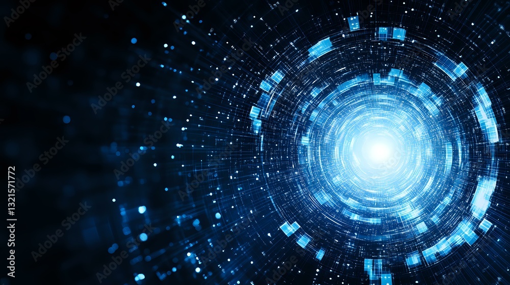 Poster futuristic blue circular tunnel with glowing center and digital particles creating dynamic motion ef
