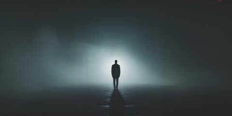 Silhouetted Figure in a Dark Setting Capturing Dramatic Mood with Space for Text Overlay.