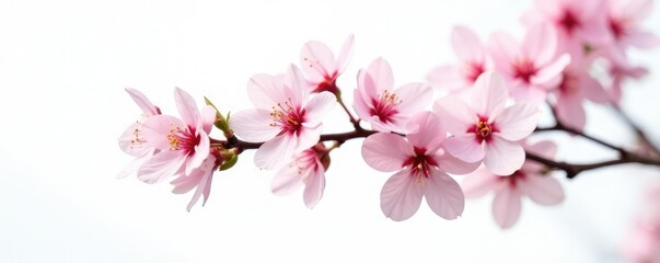 Obraz premium Single branch with flowers on white background, blossoms, tree, flowers on stem