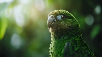Obraz premium Vibrant green parrot portrait with detailed feathers and curved beak against natural bokeh background, showcasing exotic bird's majestic profile in soft lighting.