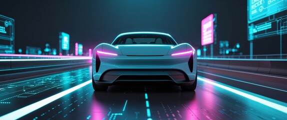 Futuristic Electric Vehicle on Digital Highway with Advanced Technology Interfaces and Neon Lighting.